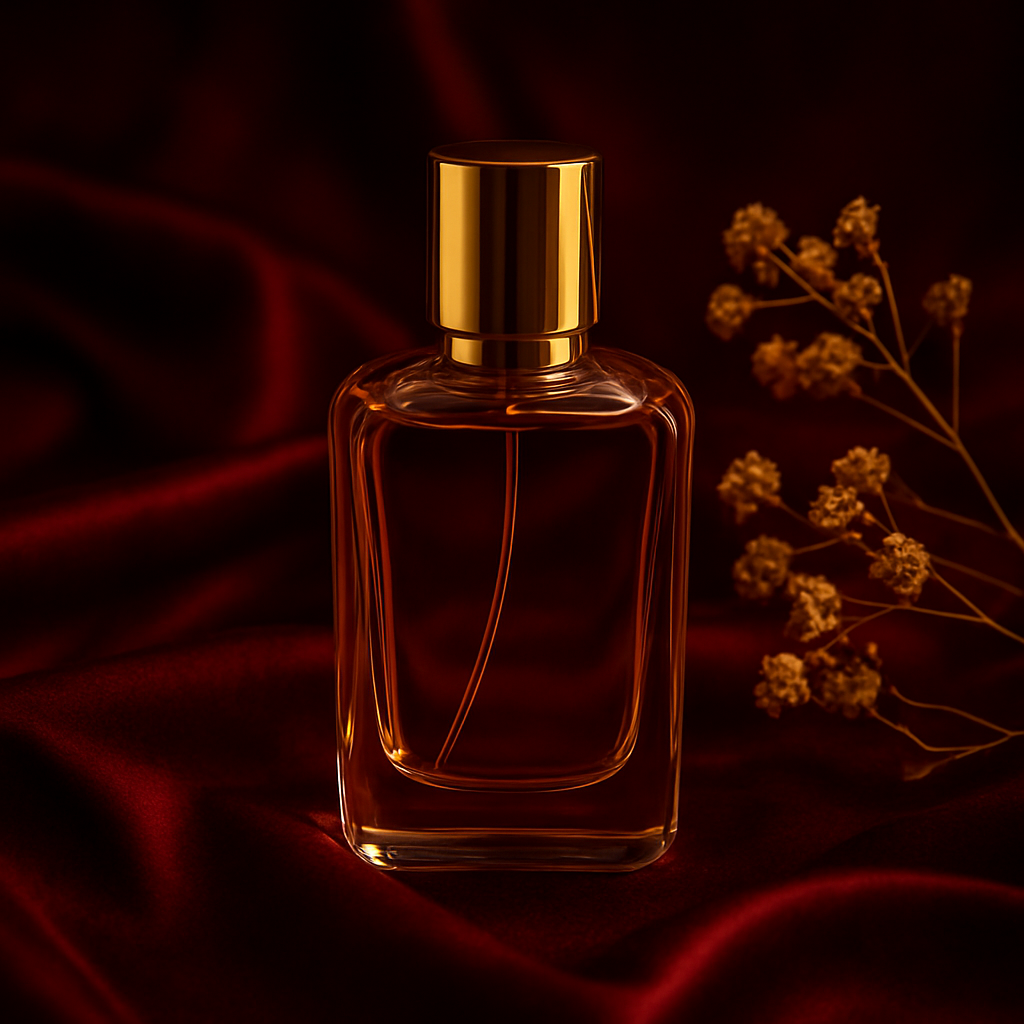 Perfume bottle on red silk