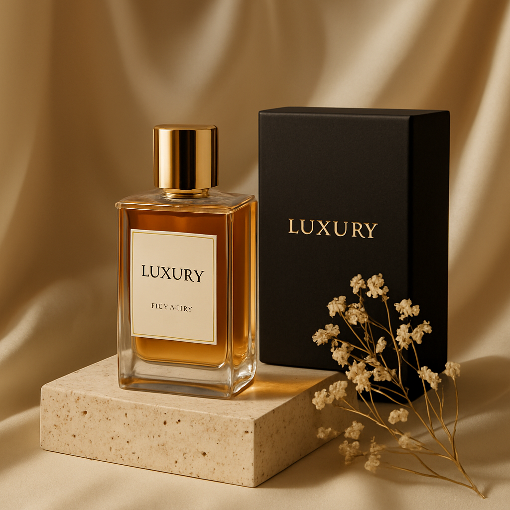 Scensora bespoke perfume bottle on a stone pedestal with a luxury gift box